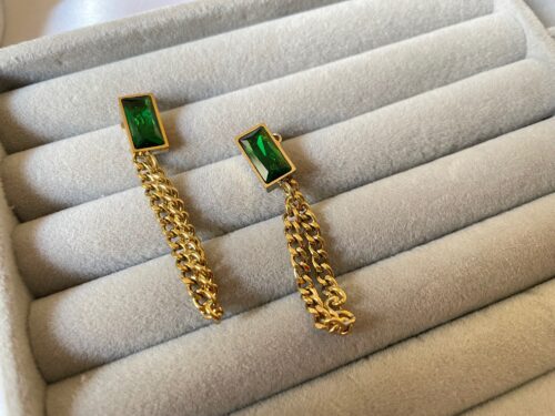 Emerald Green Stone Chain Earrings